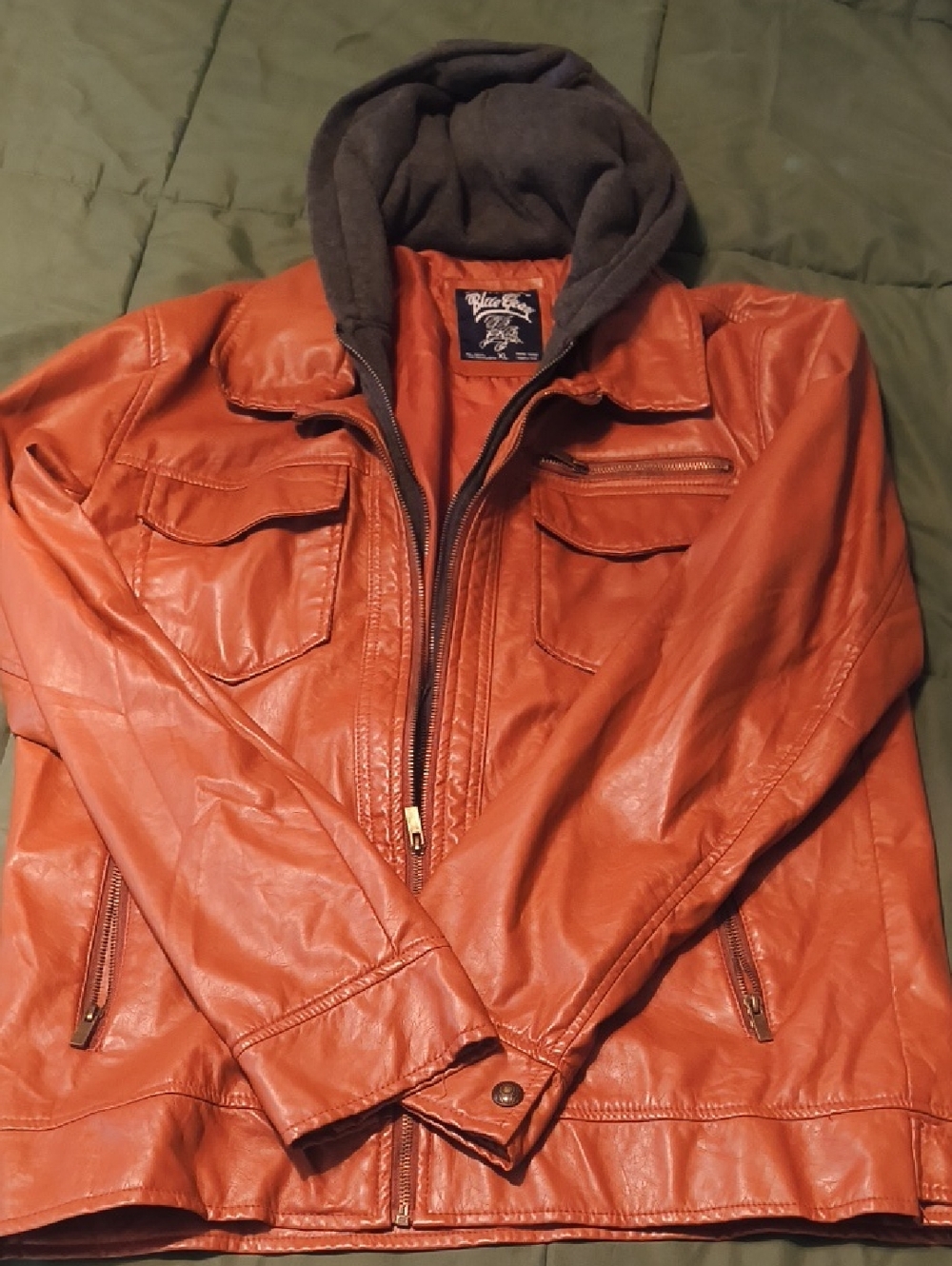 Men's Orange Faux Leather Jacket with Removable Hood